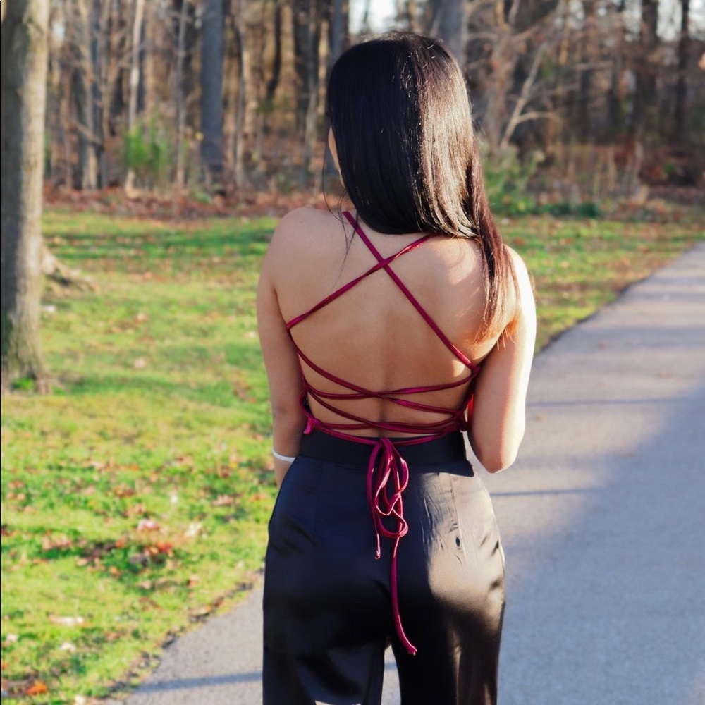 Deep red satin-look top from Shein with cross back detail and adjustable straps